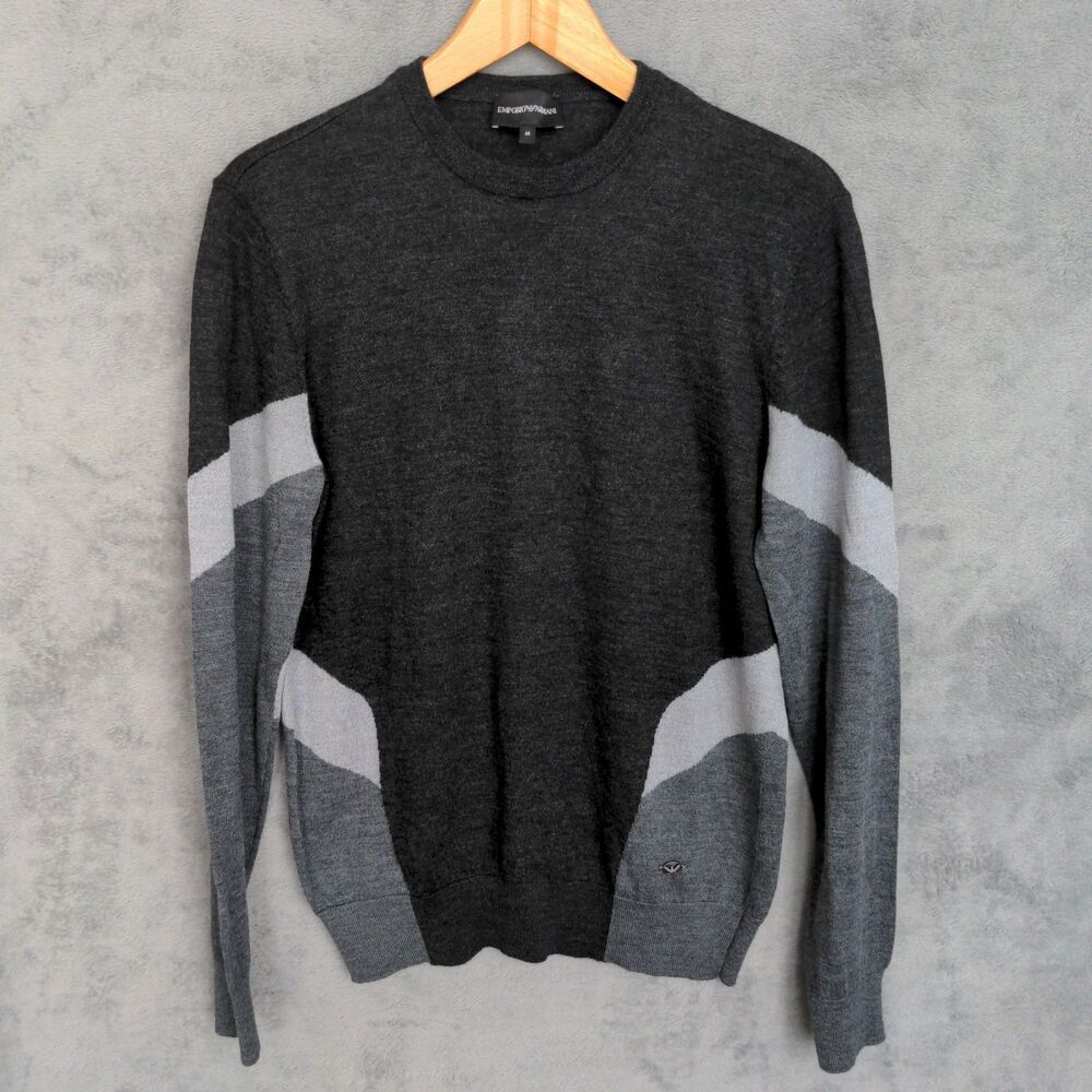 Emporio Armani Virgin Wool Sweater Mens Medium Gray Geometric *Runs Small